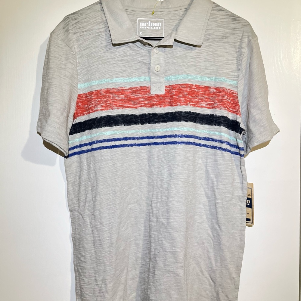 Urban Pipeline Men's Polo Shirt - Gray with Red and Blue Stripes